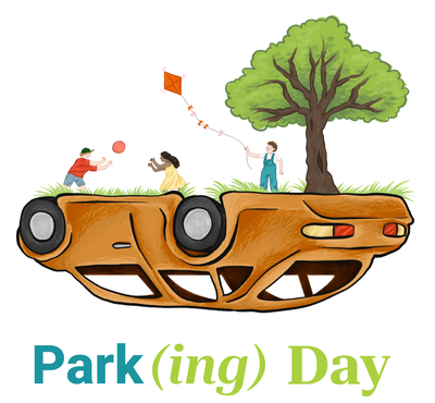 Park(ing) Day ein auf dem Kopf liegendes Auto aus dem ein Baum wächst und auf dem Kinder spielen